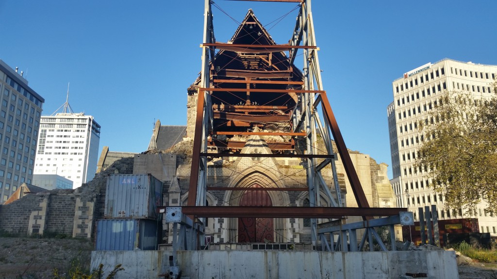 Earthquake damage to cathedral in the city's center.
